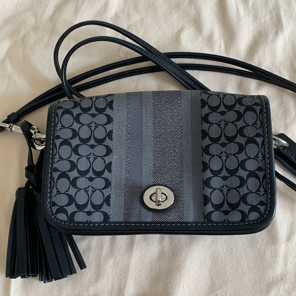 Coach black and silver monogram crossbody